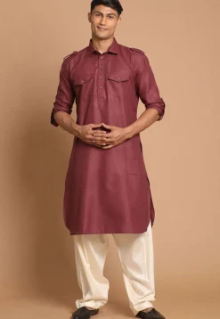 Solid Color Cotton Pathani Suit in Maroon
