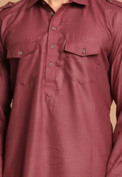 Solid Color Cotton Pathani Suit in Maroon