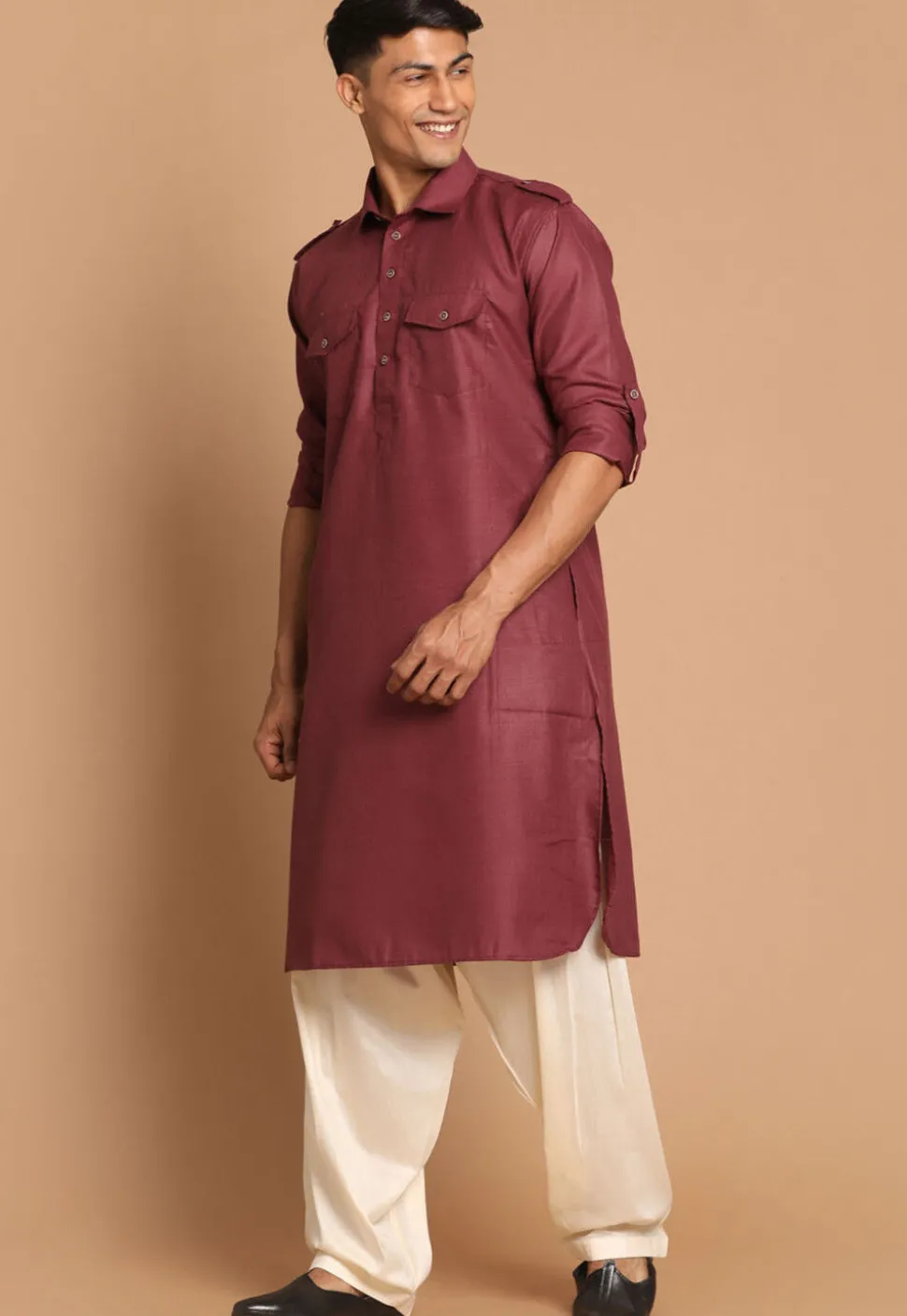 Solid Color Cotton Pathani Suit in Maroon