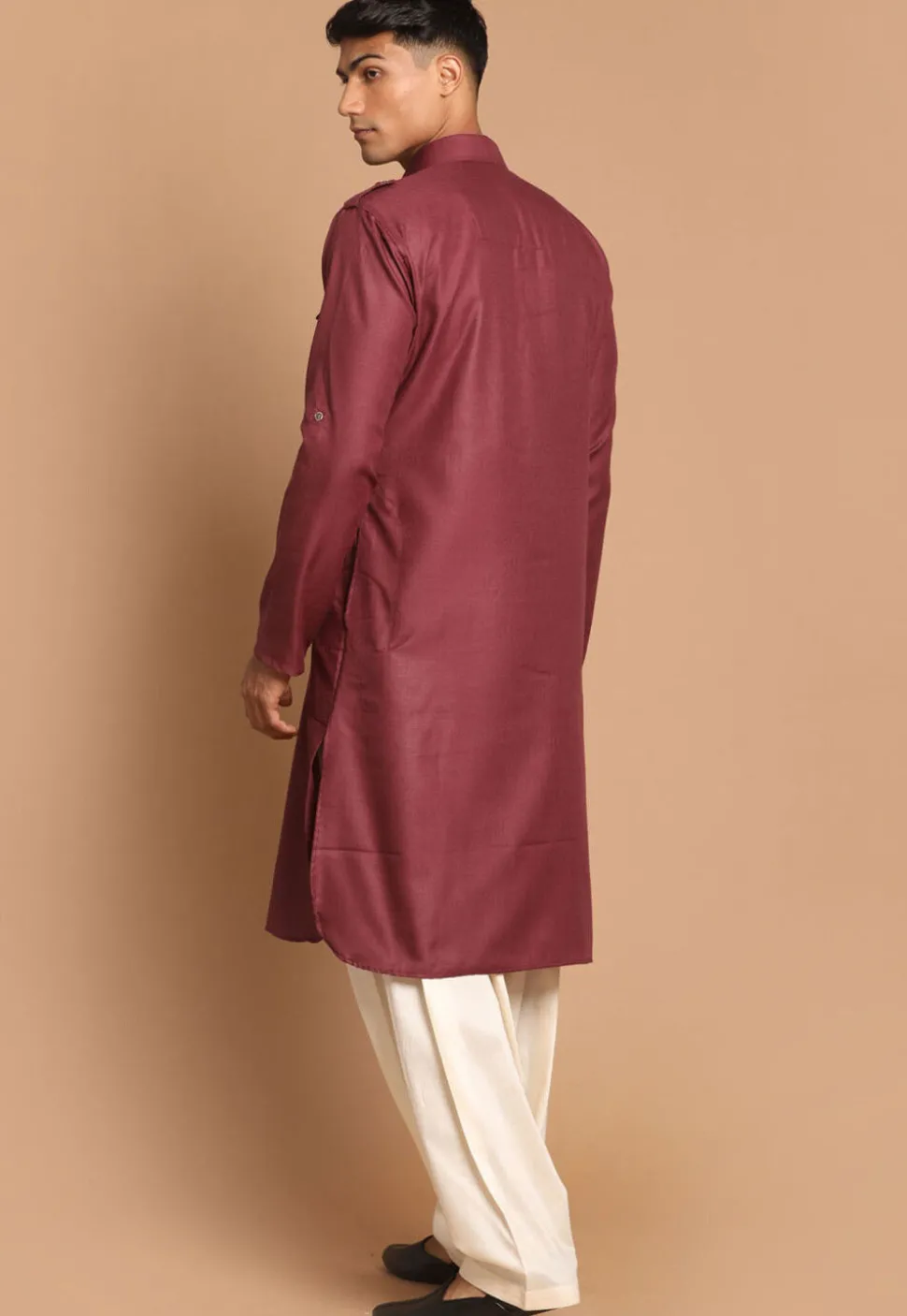 Solid Color Cotton Pathani Suit in Maroon