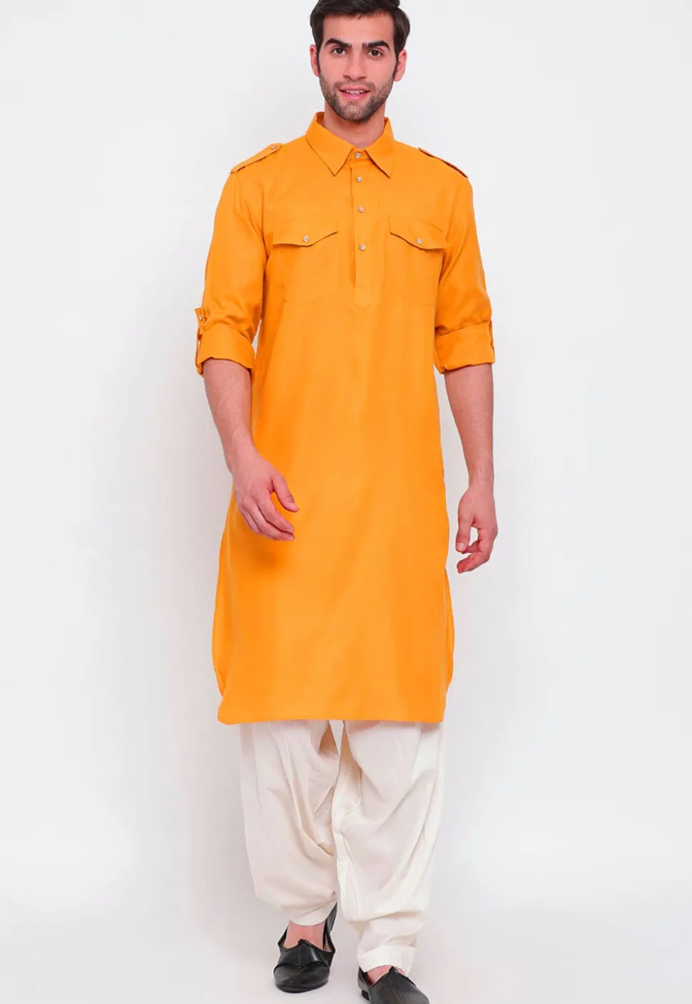 Solid Color Cotton Pathani Suit in Yellow