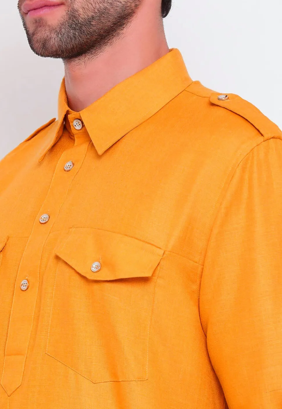 Solid Color Cotton Pathani Suit in Yellow