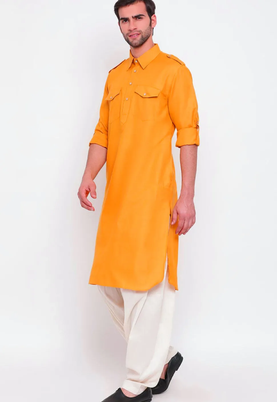 Solid Color Cotton Pathani Suit in Yellow