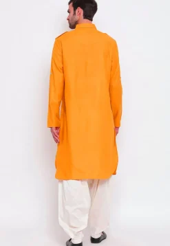 Solid Color Cotton Pathani Suit in Yellow