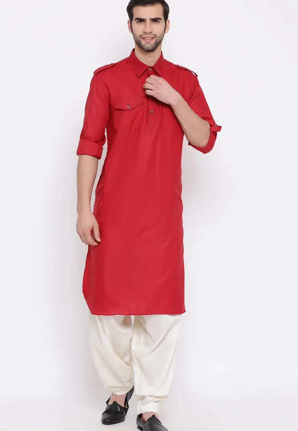 Solid Color Cotton Pathani Suit in Red