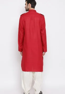 Solid Color Cotton Pathani Suit in Red