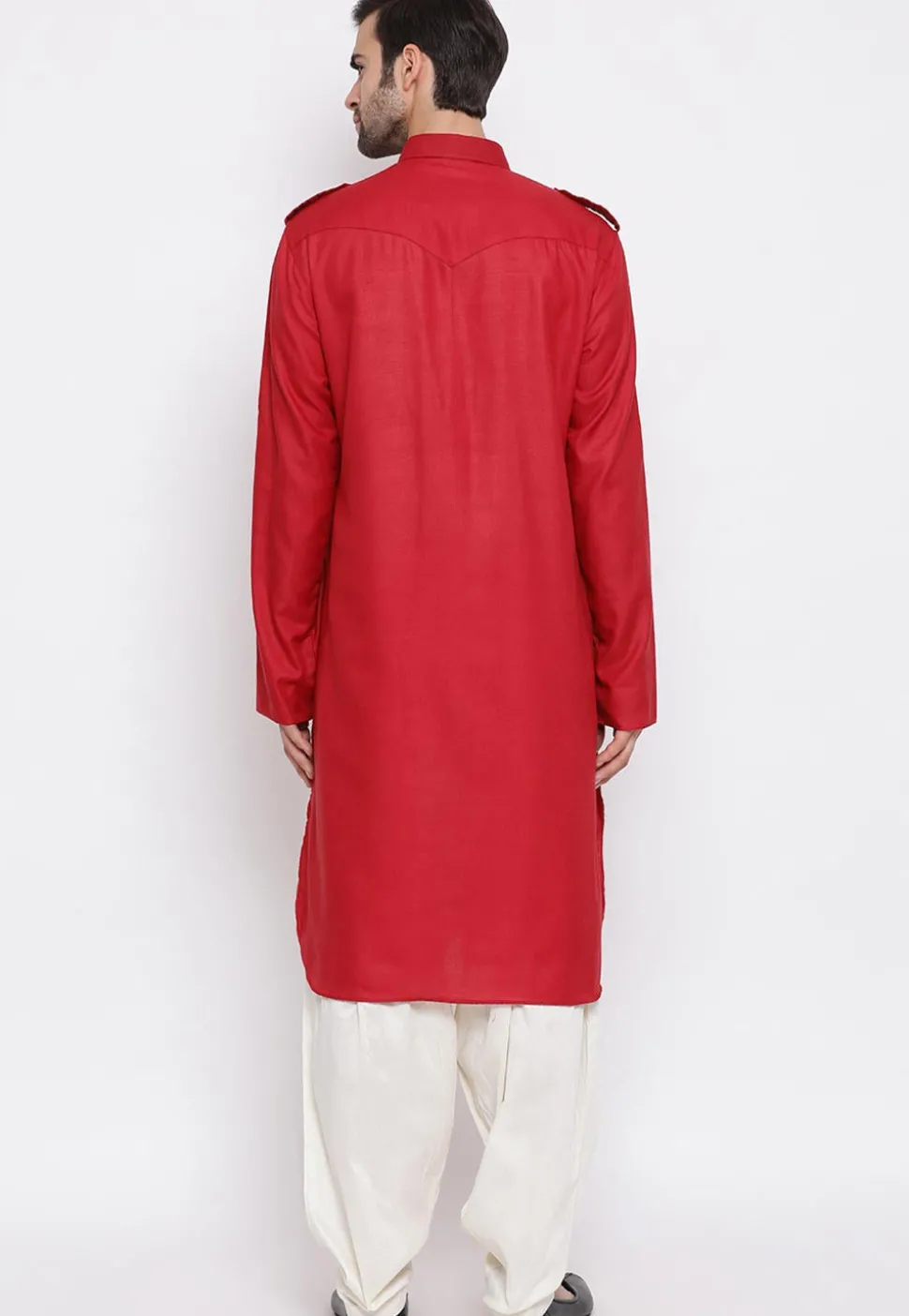 Solid Color Cotton Pathani Suit in Red