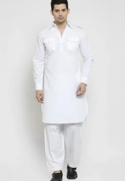 Solid Color Cotton Pathani Suit in White