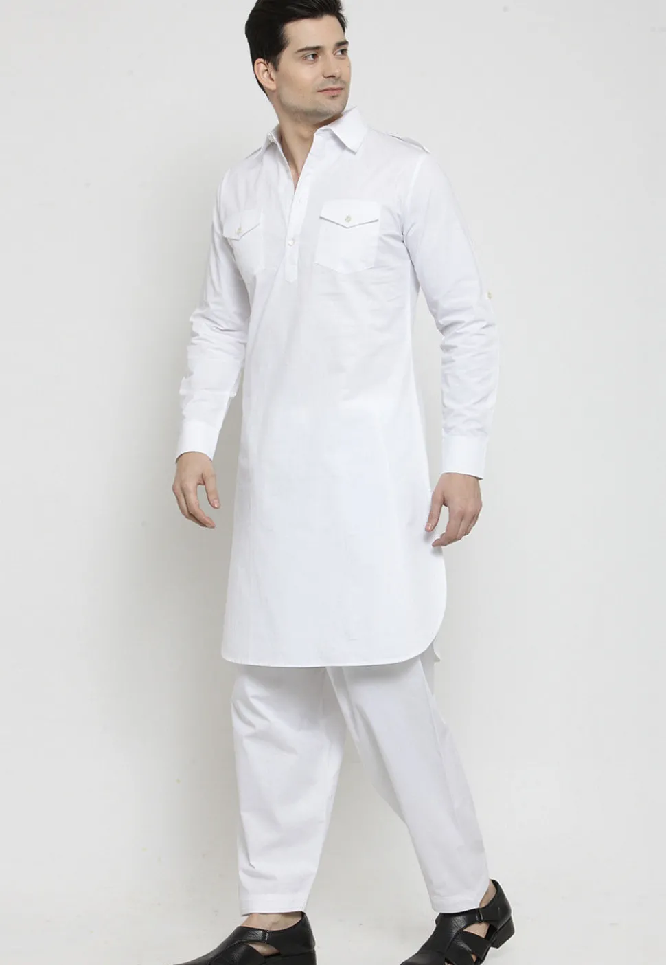 Solid Color Cotton Pathani Suit in White
