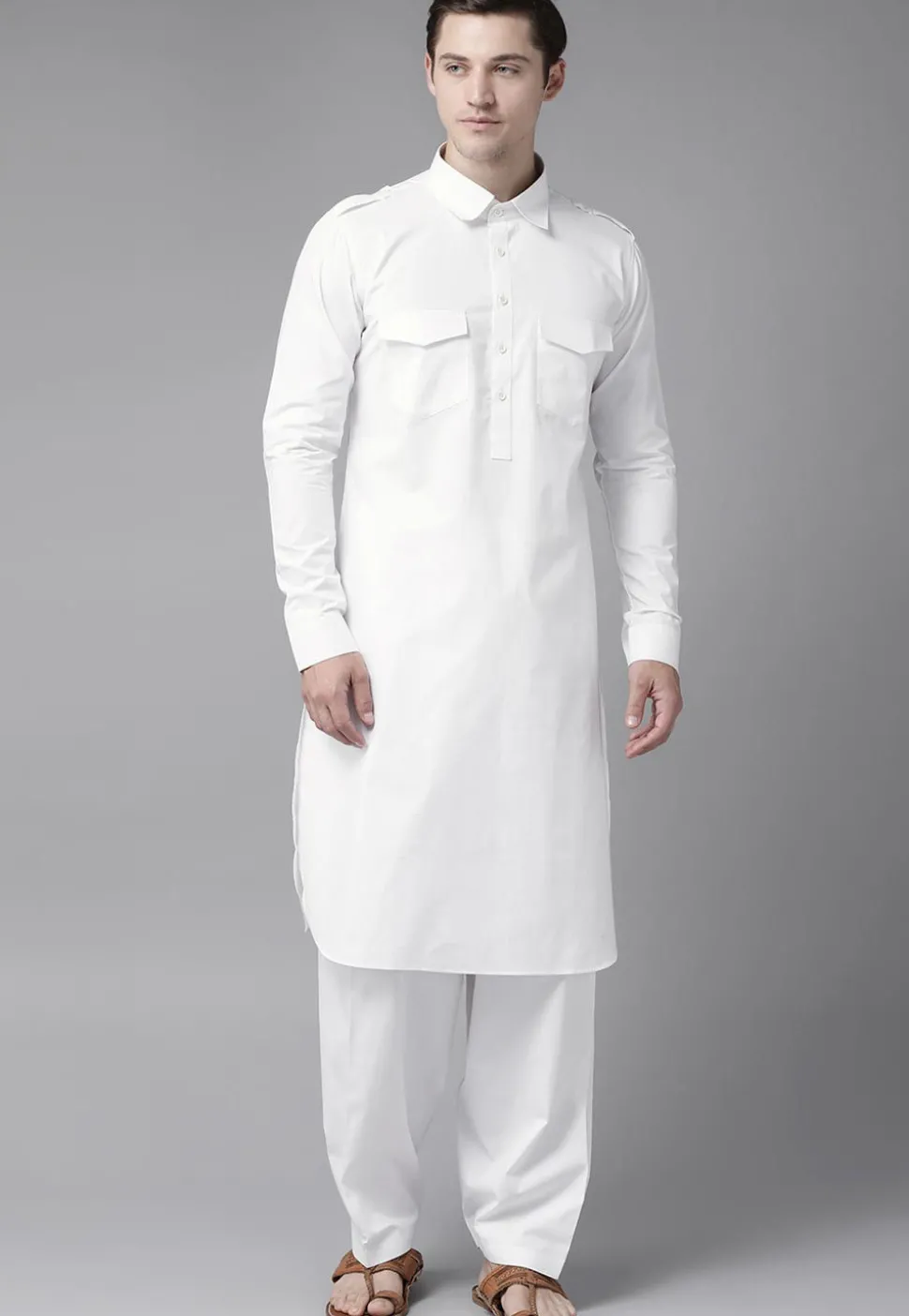 Solid Color Cotton Pathani Suit in White