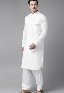 Solid Color Cotton Pathani Suit in White