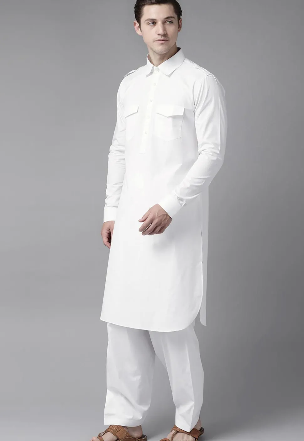 Solid Color Cotton Pathani Suit in White