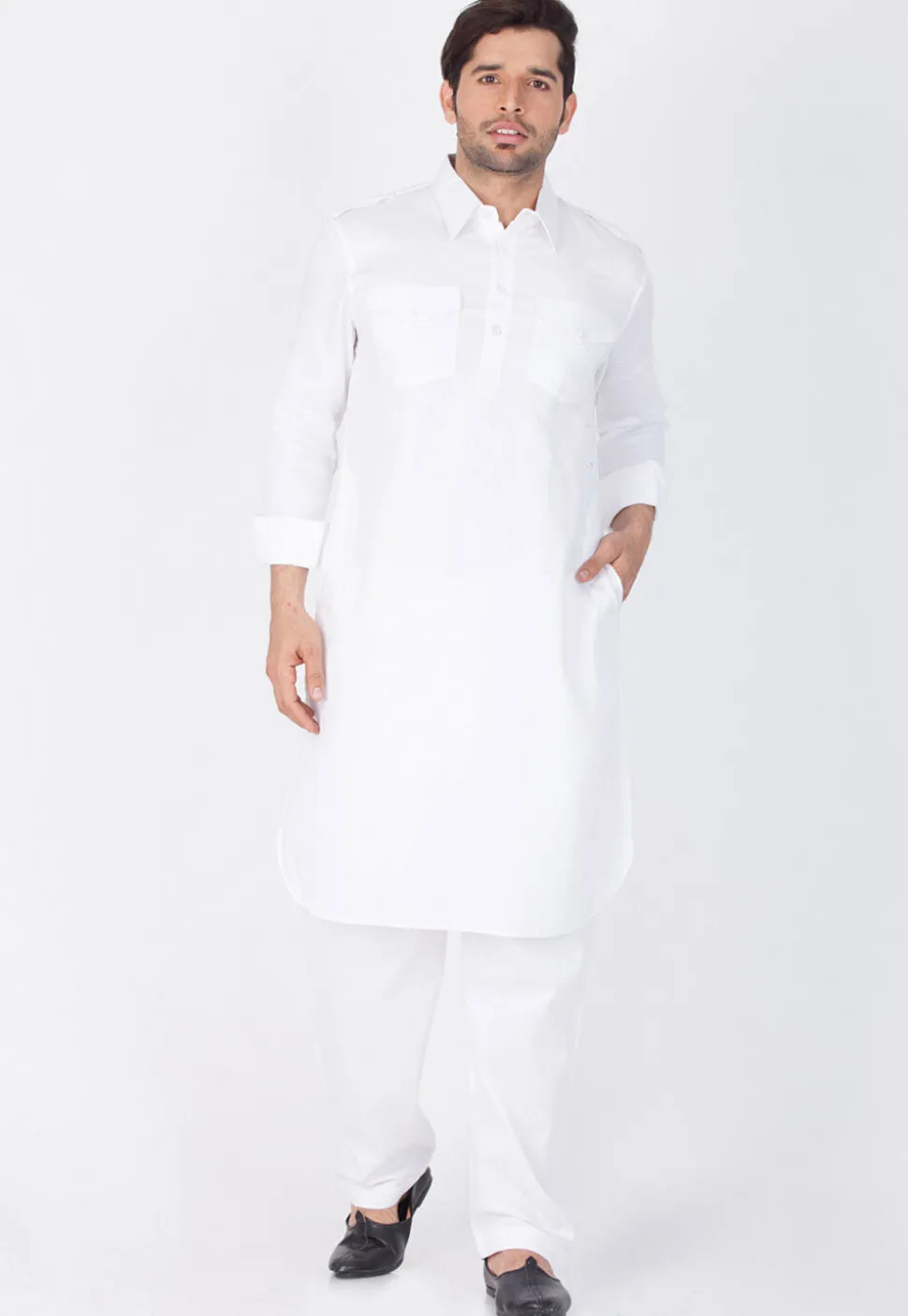 Solid Color Cotton Pathani Suit in White