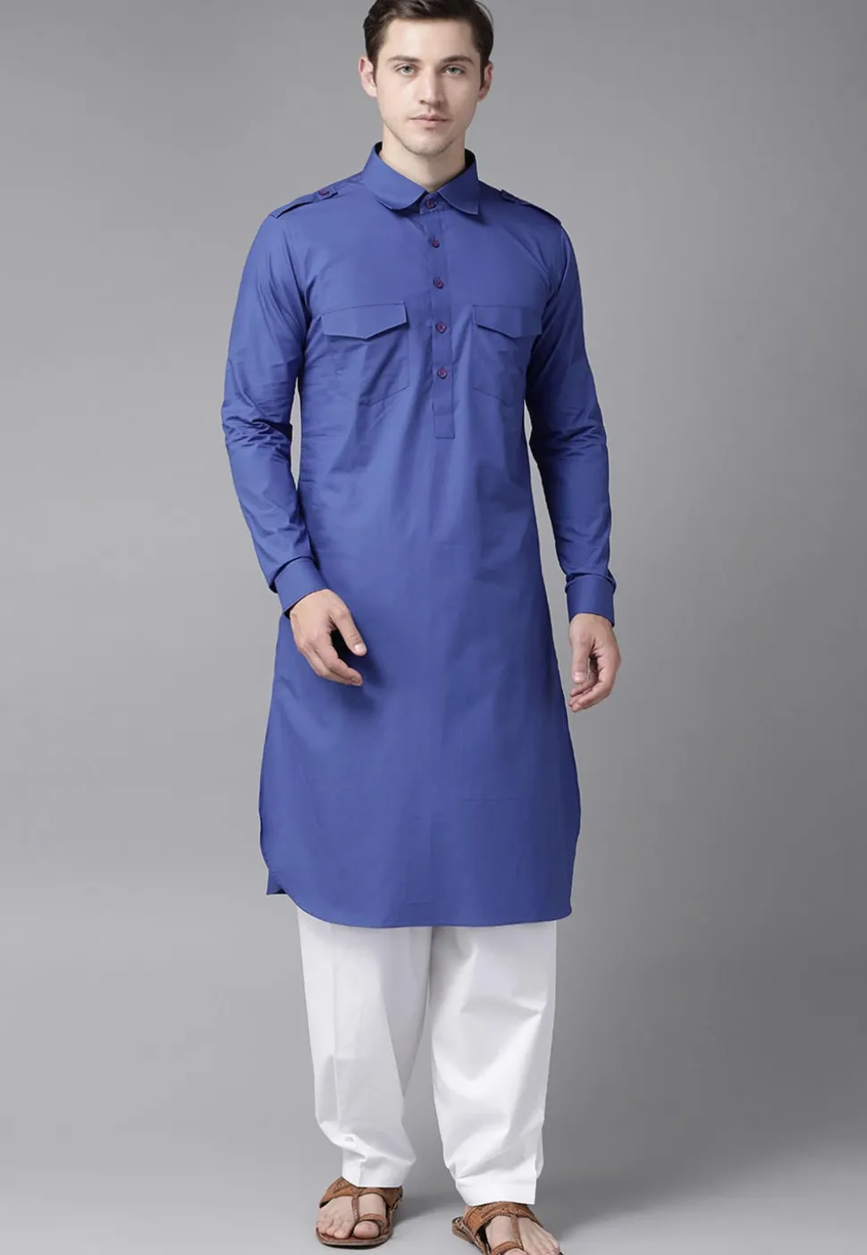 Solid Color Cotton Pathani Suit in Blue