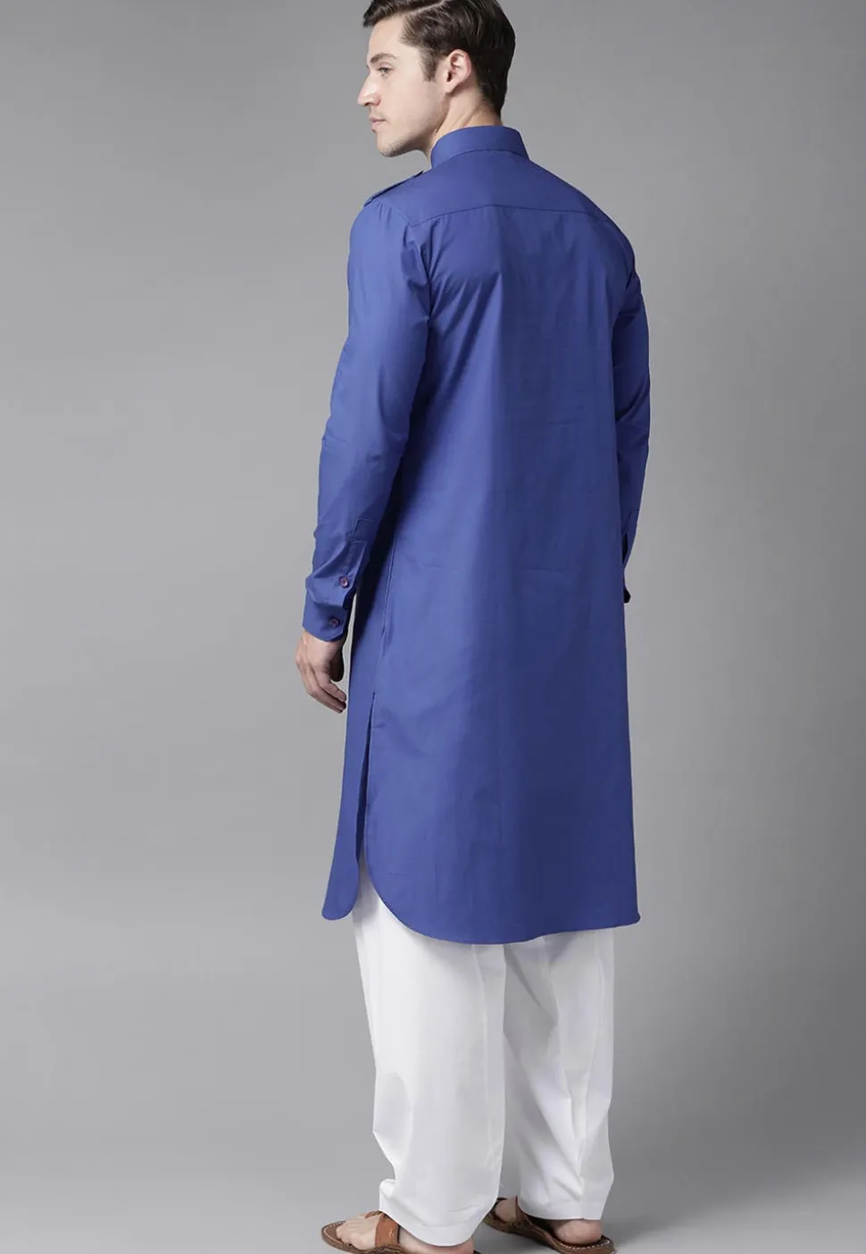 Solid Color Cotton Pathani Suit in Blue