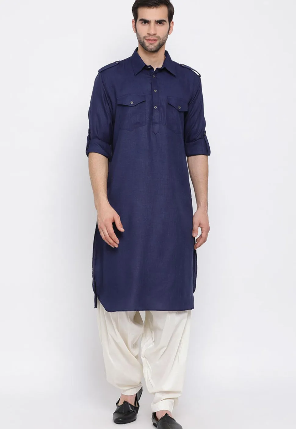 Solid Color Cotton Pathani Suit in Navy Blue