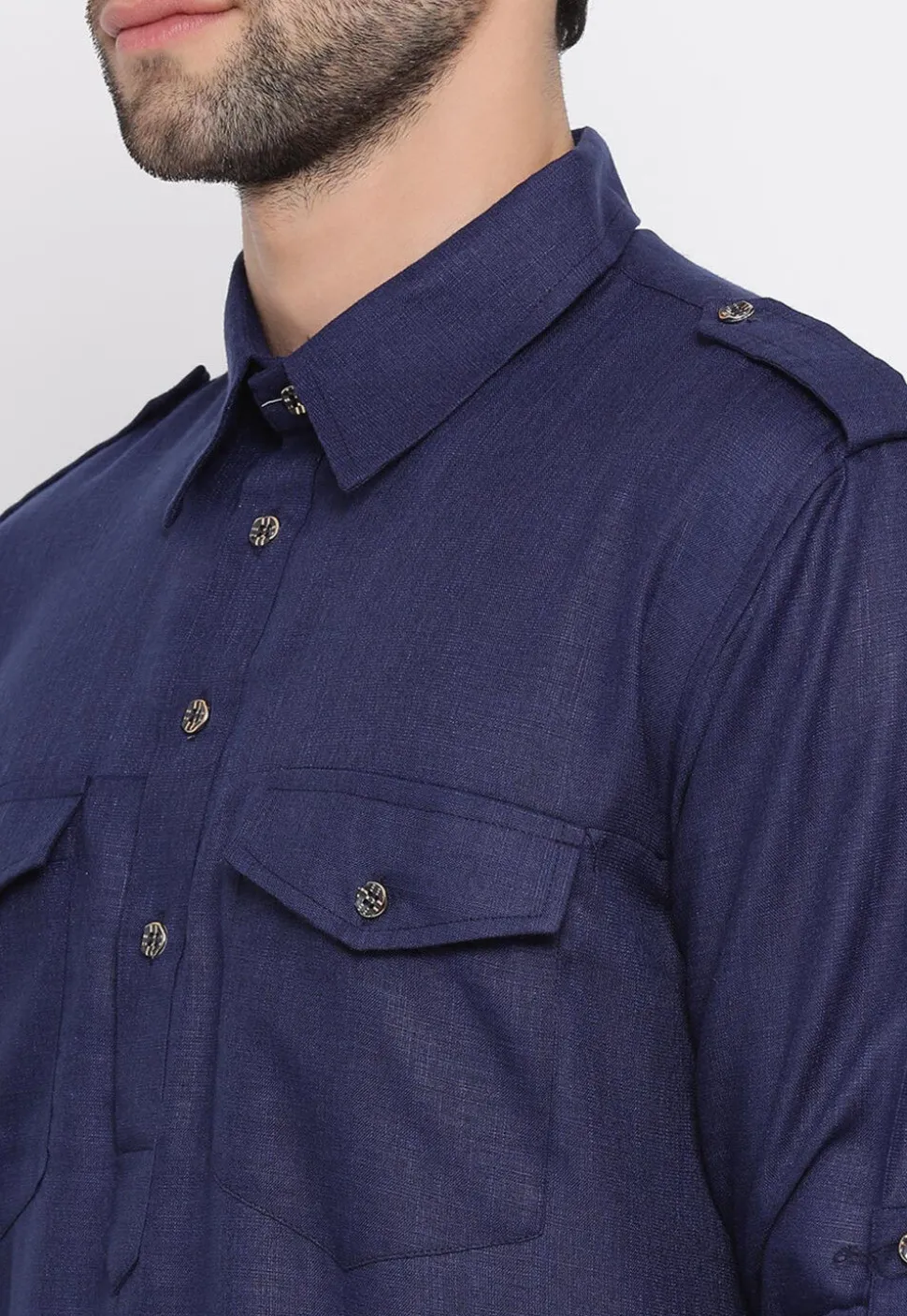 Solid Color Cotton Pathani Suit in Navy Blue
