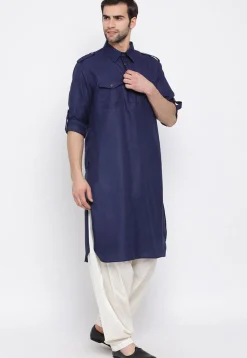 Solid Color Cotton Pathani Suit in Navy Blue