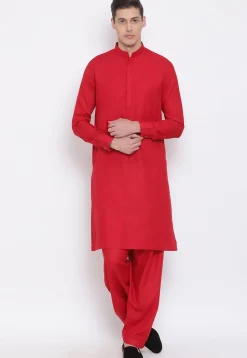Solid Color Cotton Pathani Kurta Set in Red