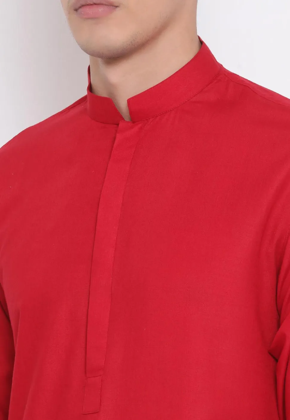 Solid Color Cotton Pathani Kurta Set in Red
