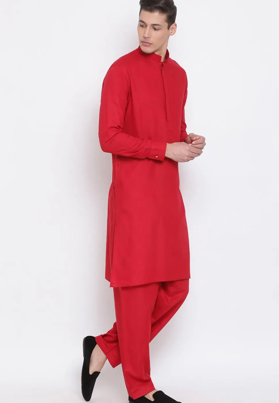 Solid Color Cotton Pathani Kurta Set in Red
