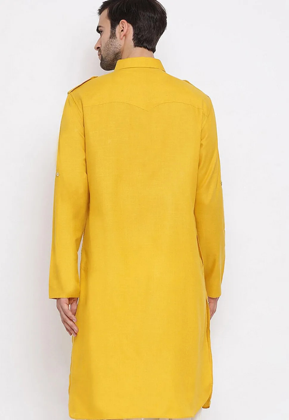 Solid Color Cotton Pathani Suit in Yellow