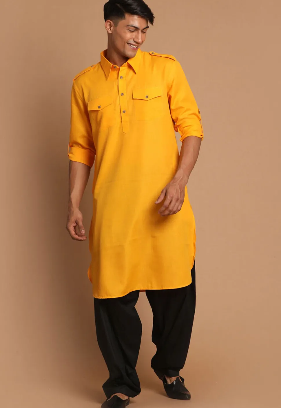 Solid Color Cotton Pathani  Suit in Mustard