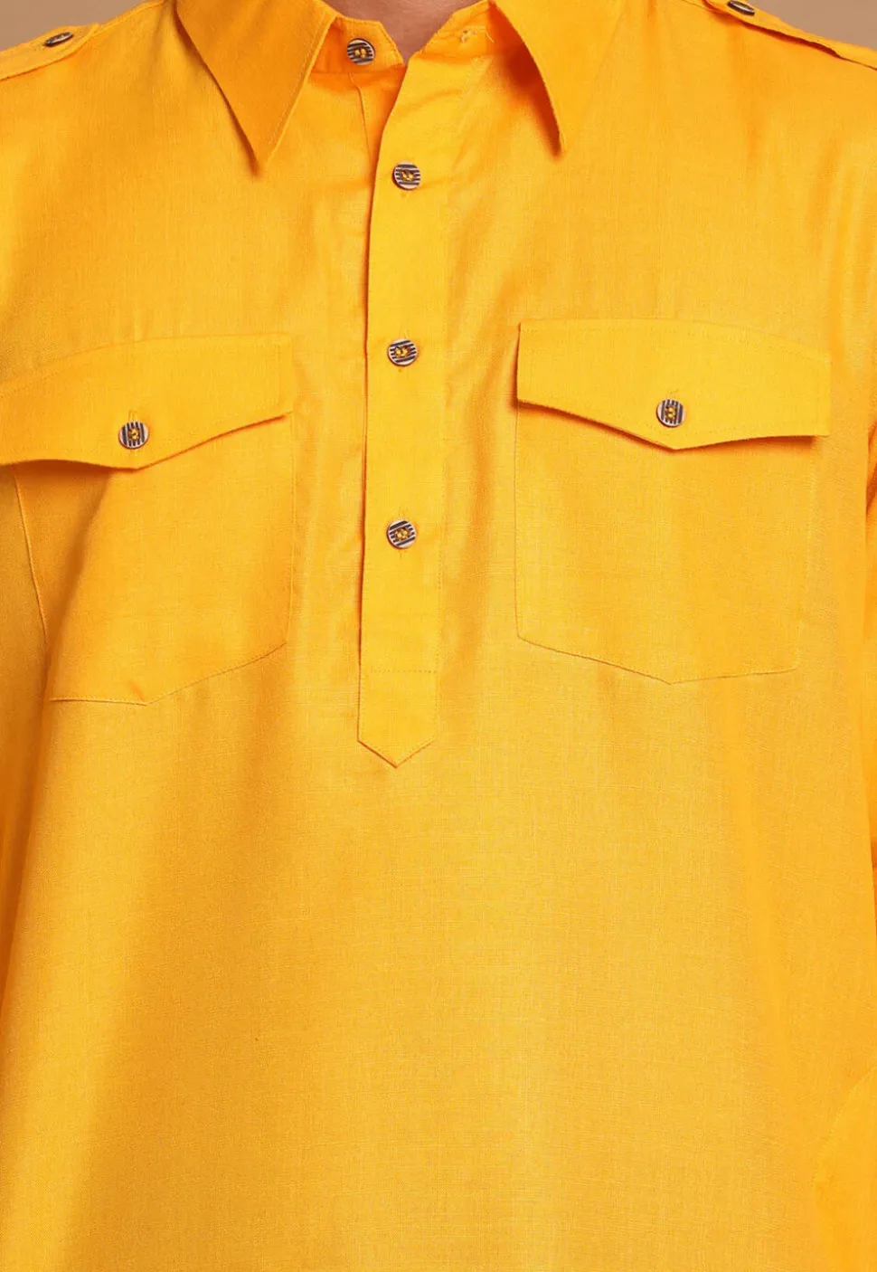 Solid Color Cotton Pathani  Suit in Mustard