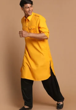 Solid Color Cotton Pathani  Suit in Mustard