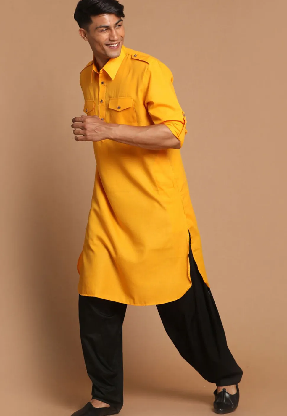 Solid Color Cotton Pathani  Suit in Mustard
