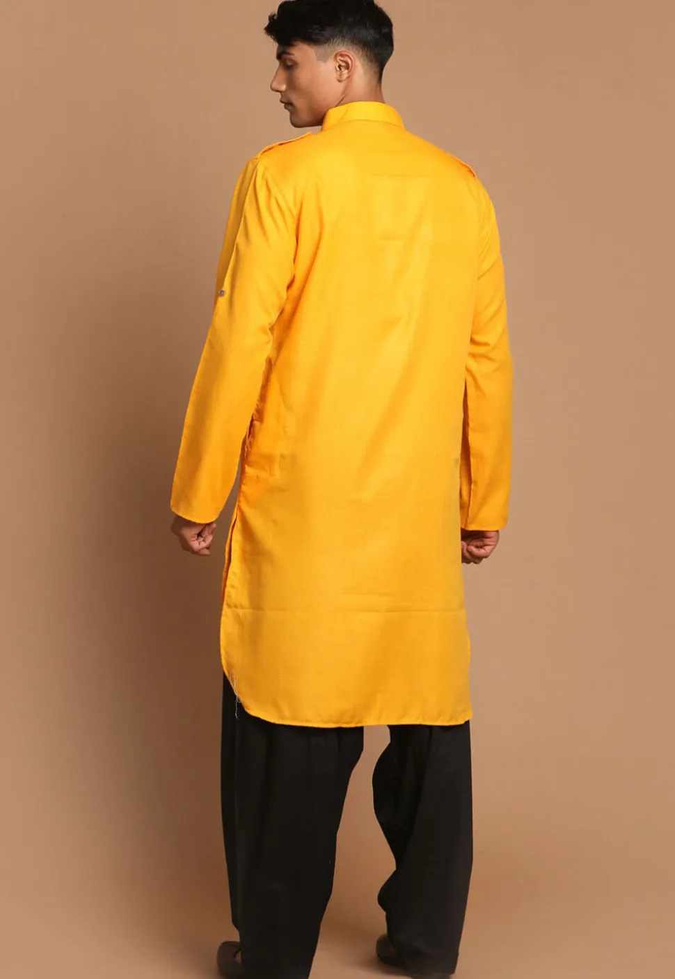 Solid Color Cotton Pathani  Suit in Mustard