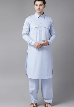 Solid Color Cotton Pathani Suit in Sky Blue