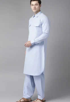 Solid Color Cotton Pathani Suit in Sky Blue