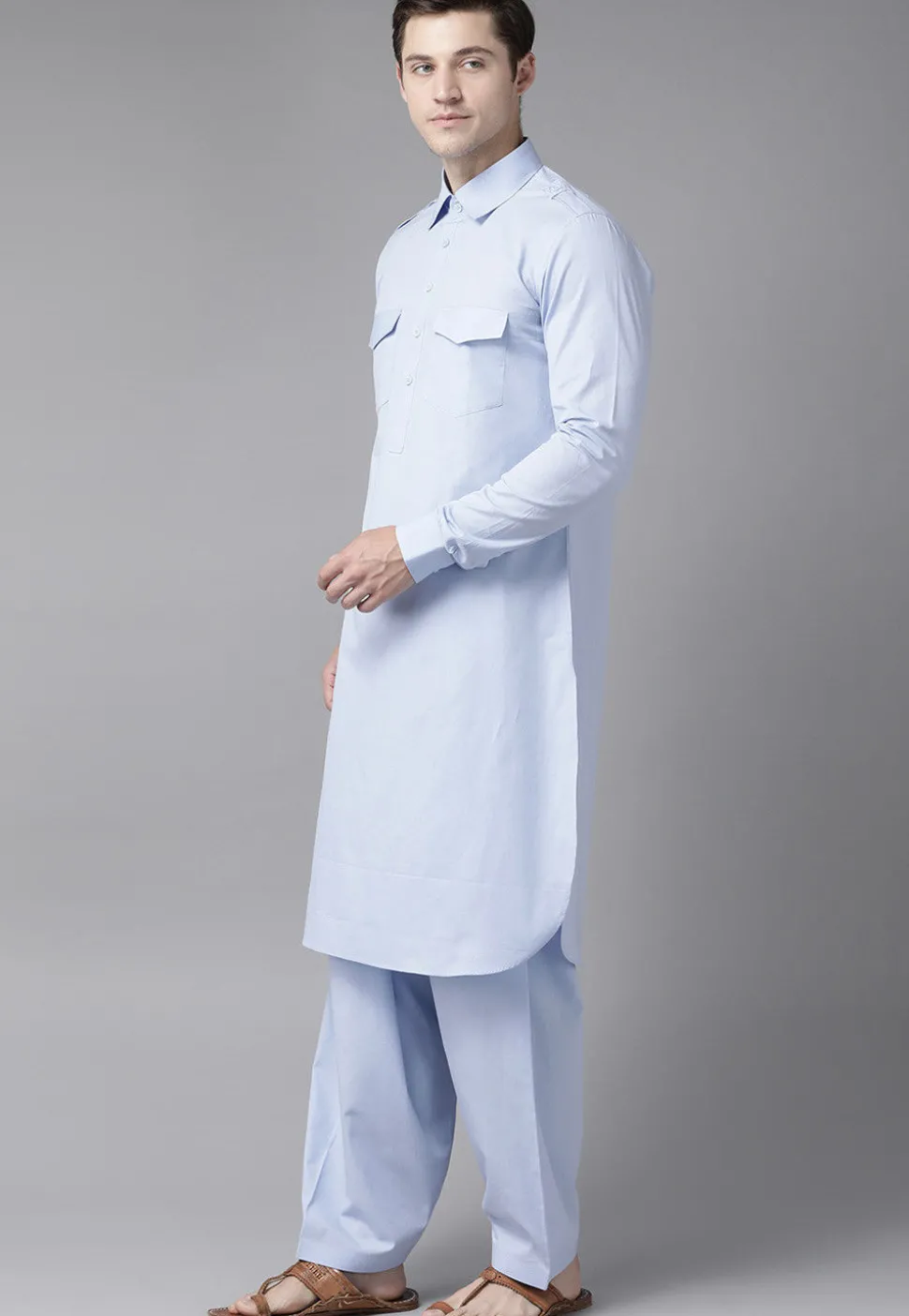 Solid Color Cotton Pathani Suit in Sky Blue