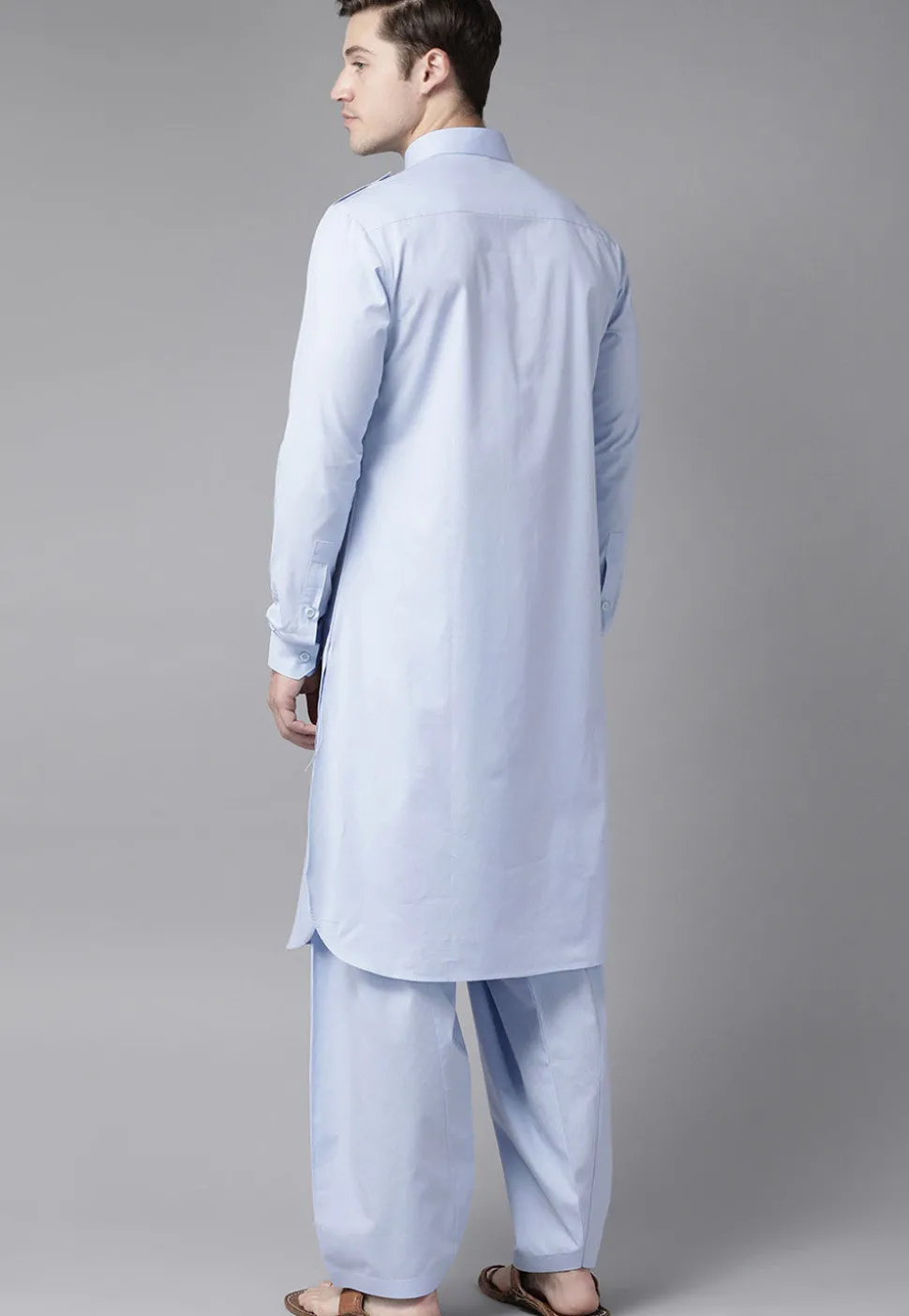 Solid Color Cotton Pathani Suit in Sky Blue