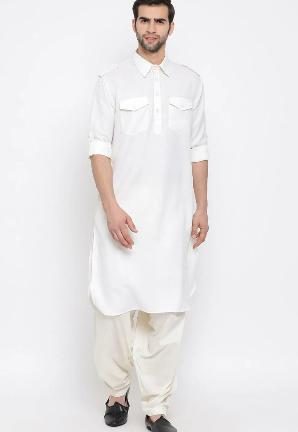 Solid Color Cotton Pathani Suit in Off White