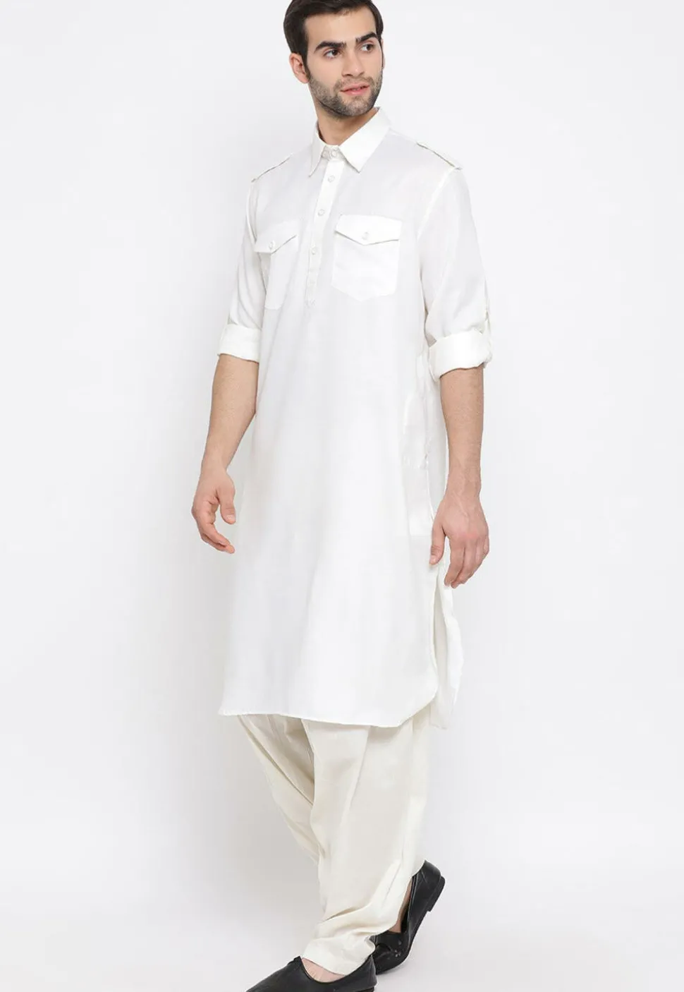 Solid Color Cotton Pathani Suit in Off White