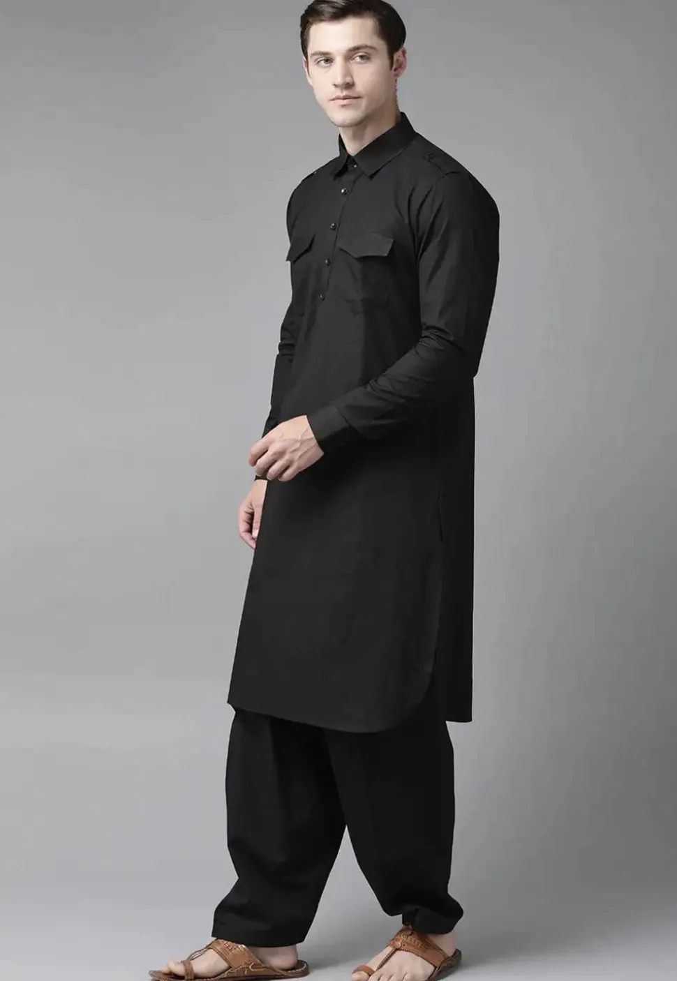 Solid Color Cotton Pathani Suit in Black
