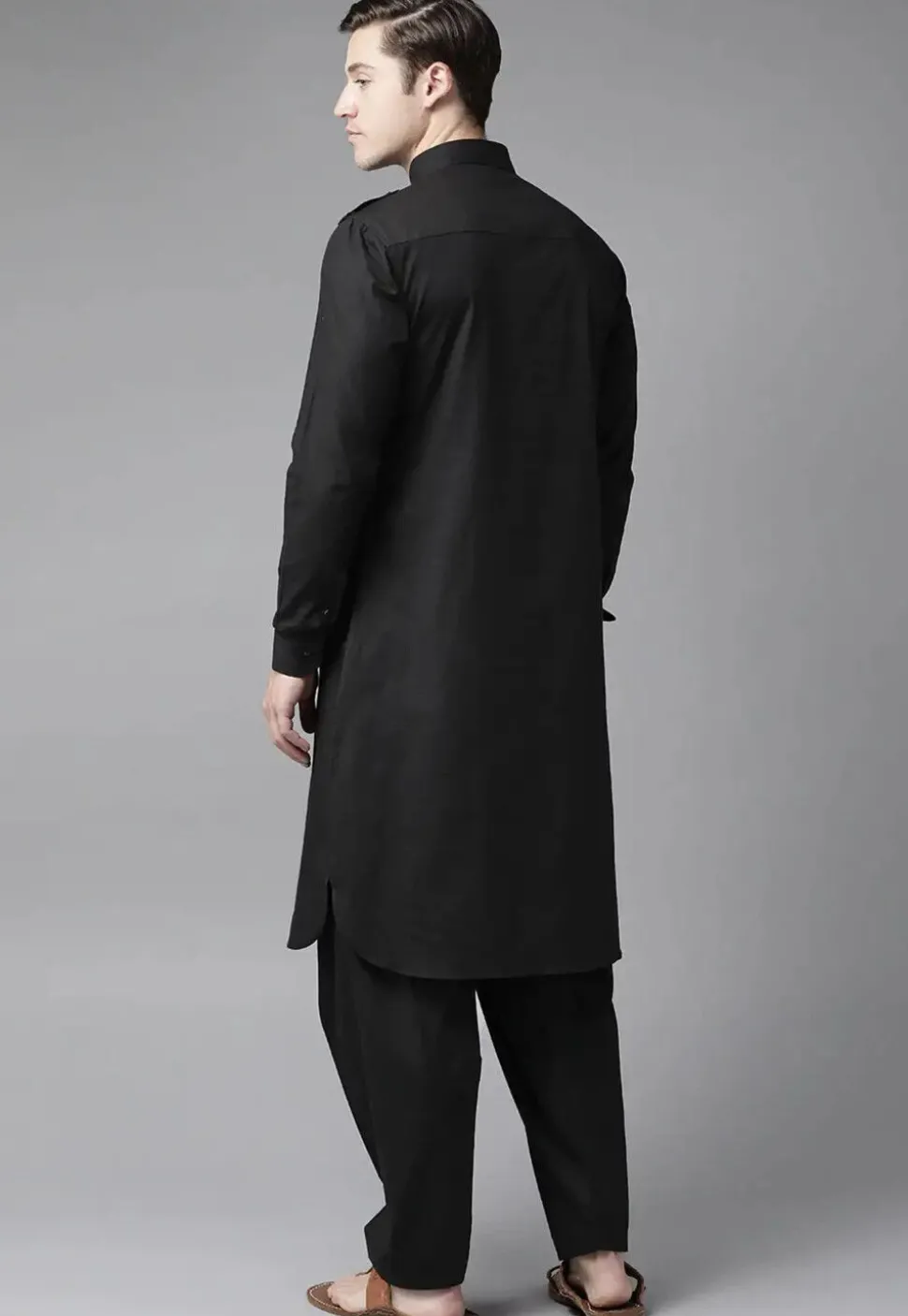 Solid Color Cotton Pathani Suit in Black