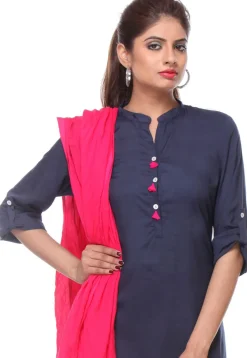 Solid Color Cotton Rayon Straight Suit in Navy Blue
