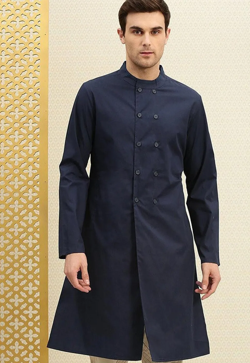 Solid Color Cotton Sherwani in Navy Blue