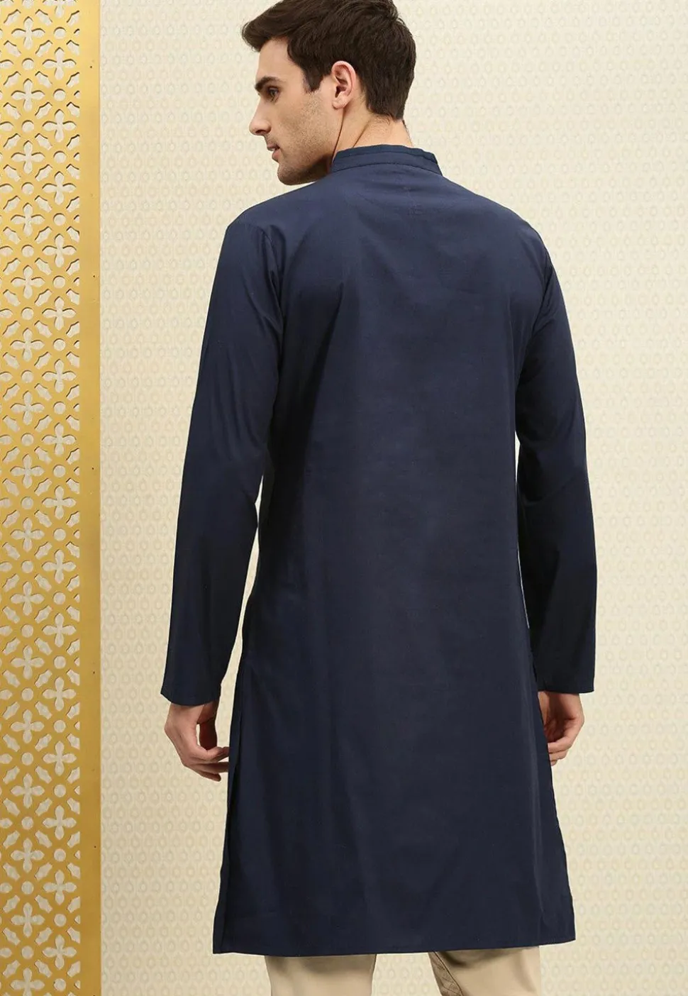 Solid Color Cotton Sherwani in Navy Blue