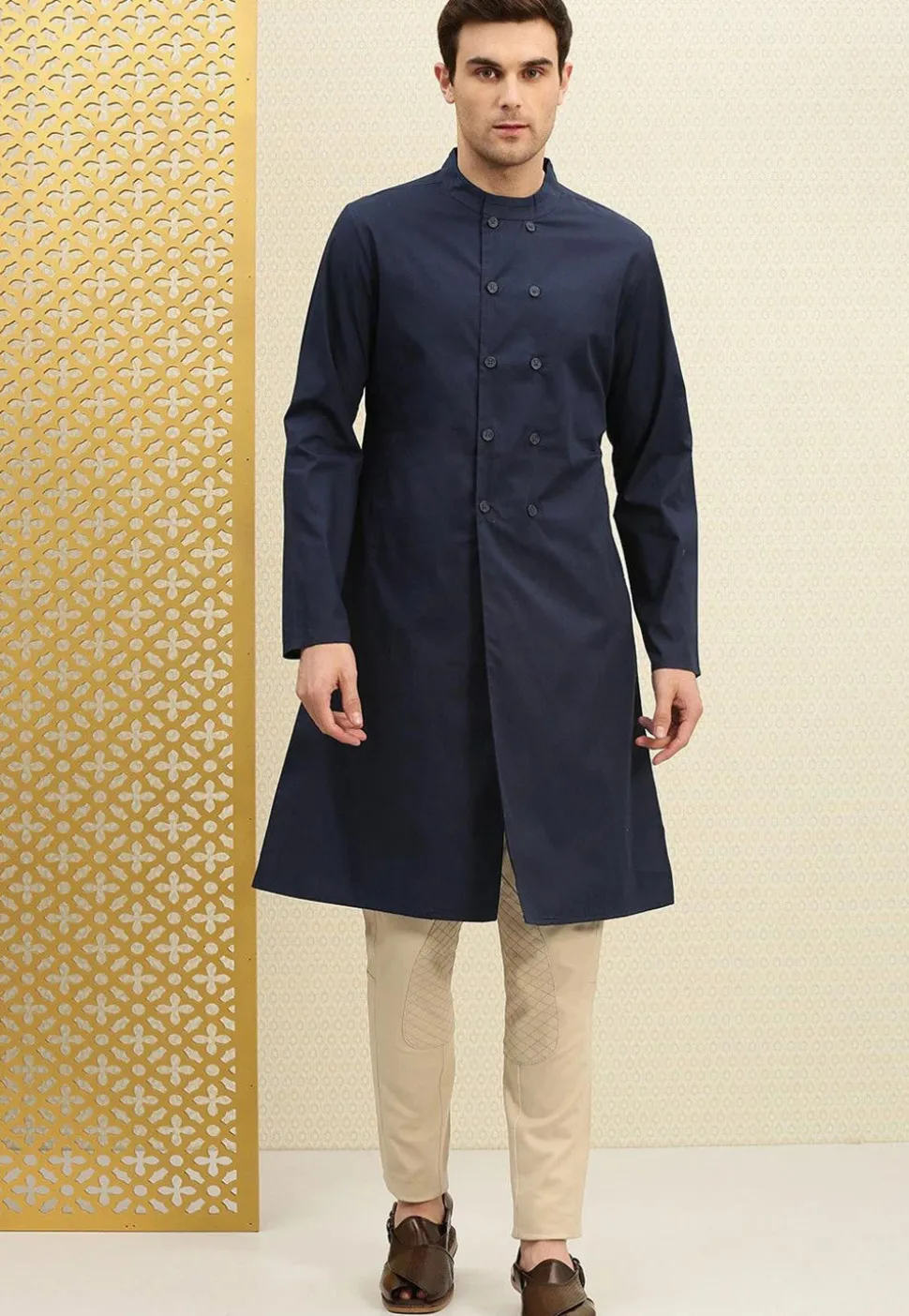 Solid Color Cotton Sherwani in Navy Blue