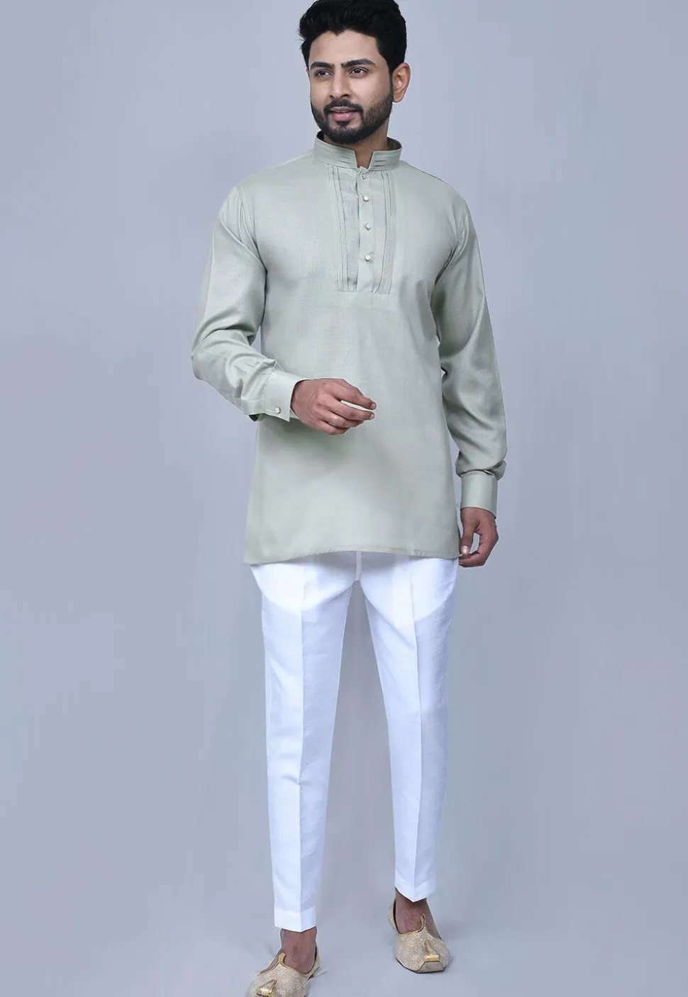 Solid Color Cotton Short Kurta Set in Sea Green