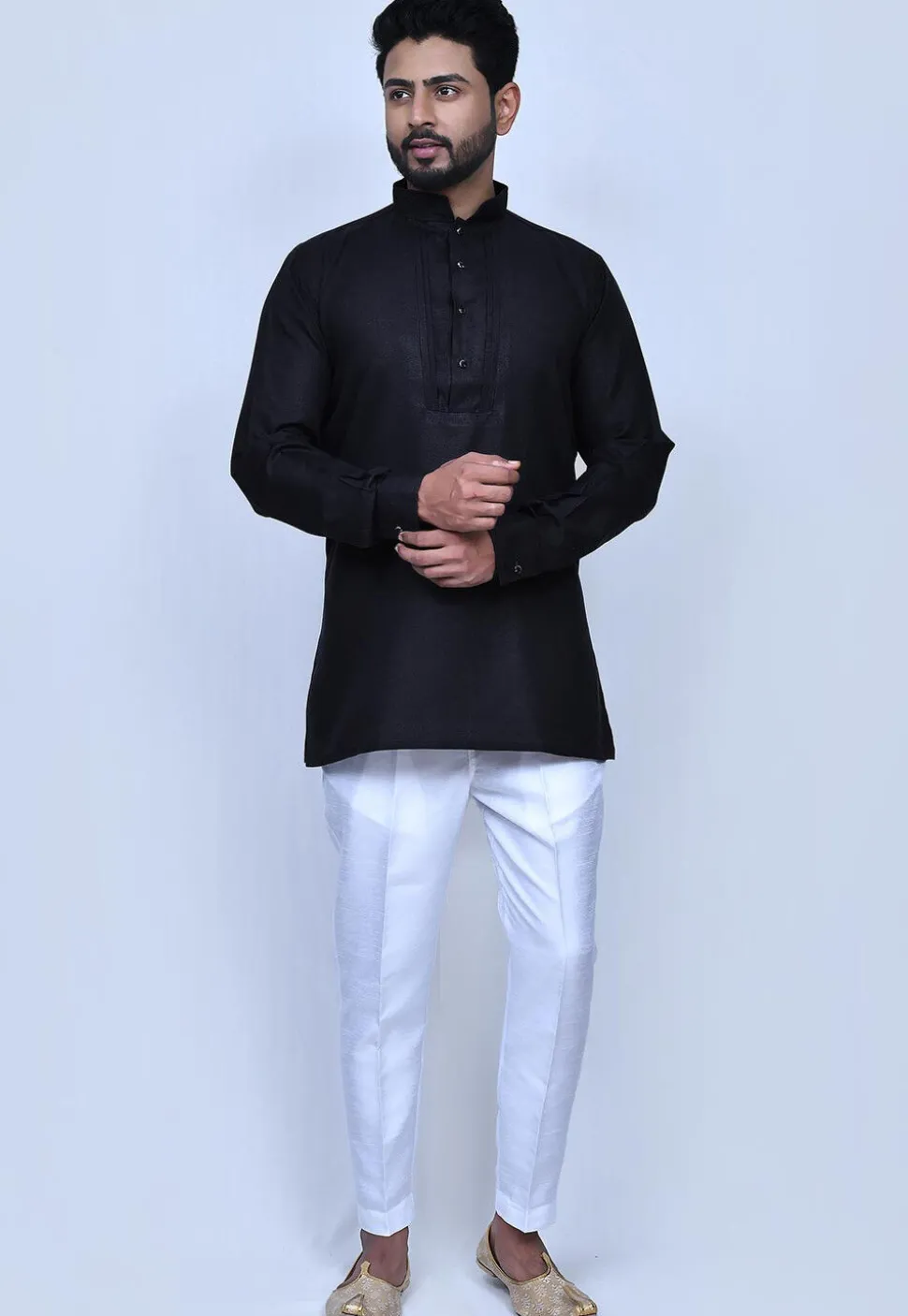Solid Color Cotton Short Kurta Set in Black