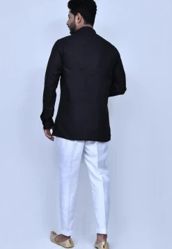Solid Color Cotton Short Kurta Set in Black
