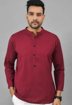 Solid Color Cotton Short Kurta in Maroon