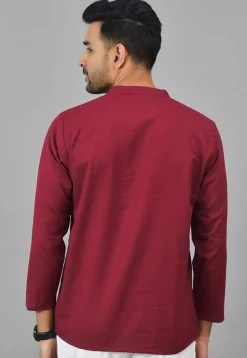 Solid Color Cotton Short Kurta in Maroon