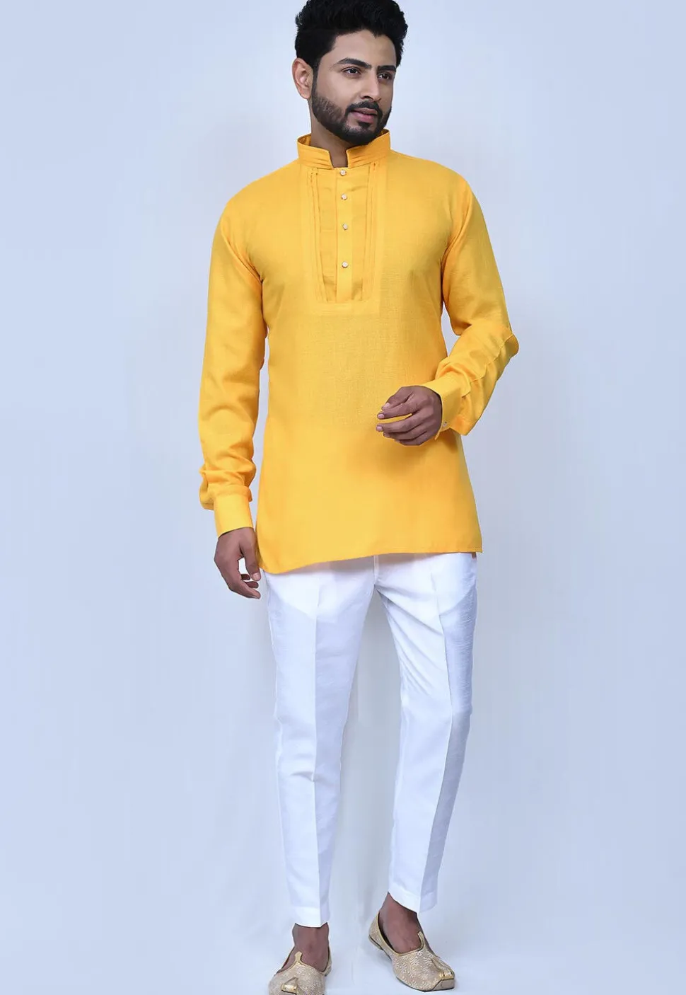 Solid Color Cotton Short Kurta Set in Yellow