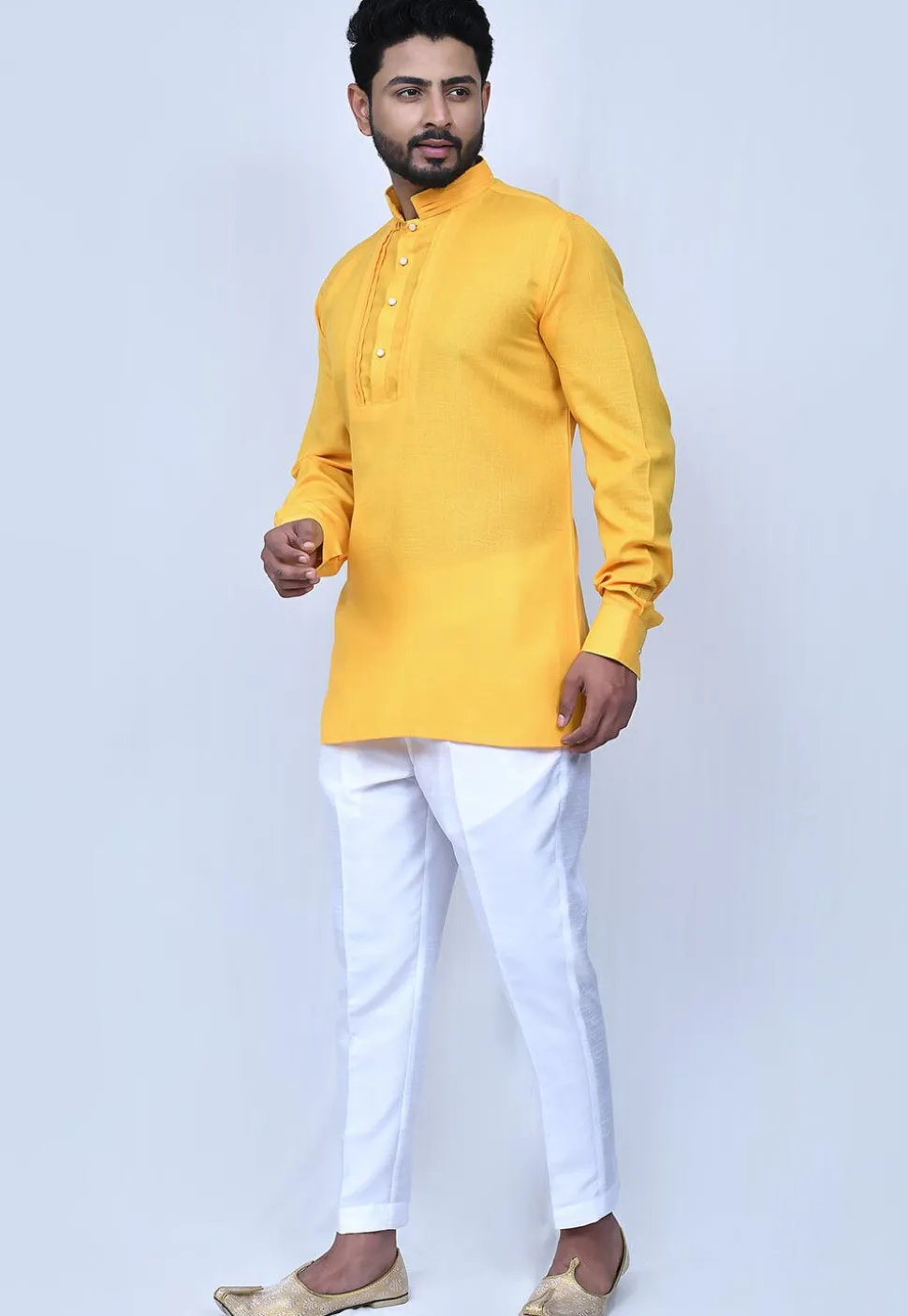 Solid Color Cotton Short Kurta Set in Yellow